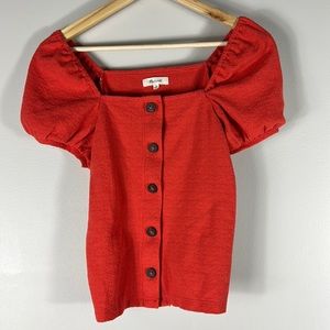 Madewell Red Jacquard Square-Neck Puff-Sleeve Top